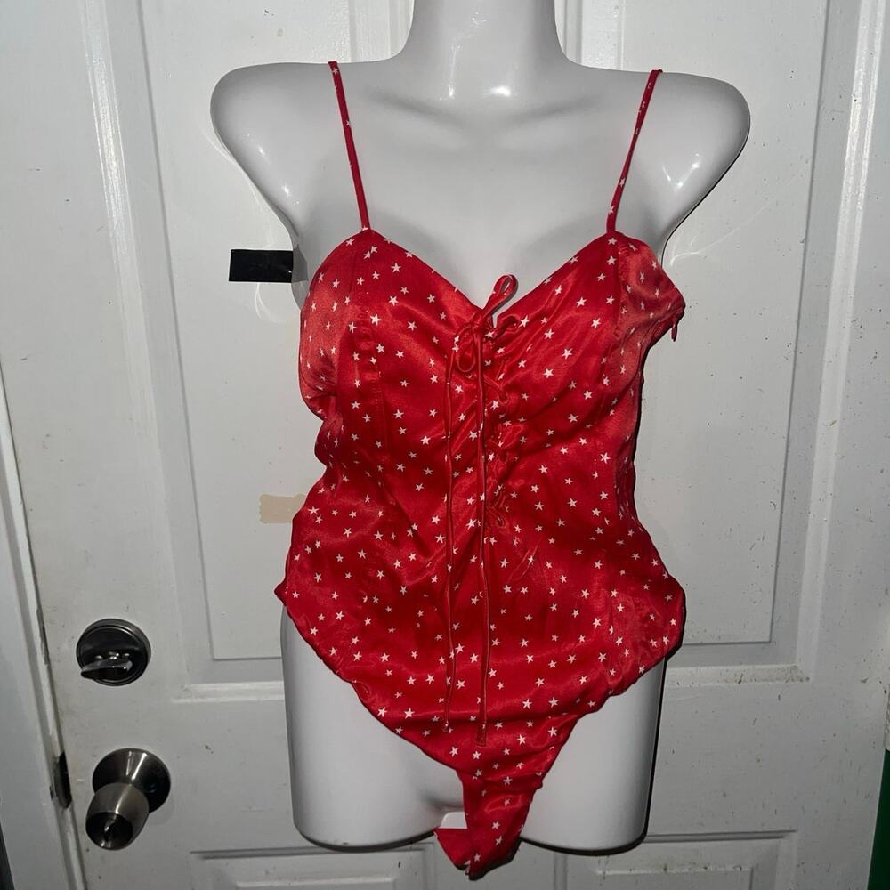 Zara Satin Style Star Print Bodysuit Red Lace Front Tie Small NWT One Piece